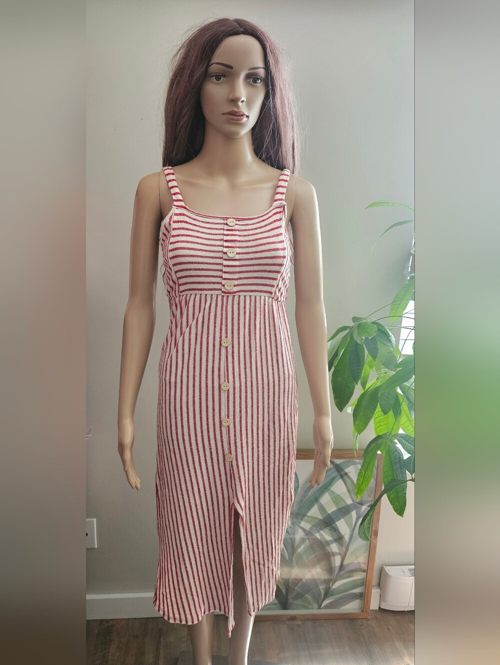 Caution To The Wind Red White Striped Gauzy Midi Dress Spaghetti Straps